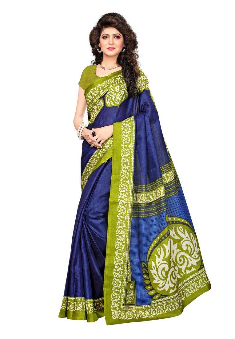 Blue Printed Khadi Kalamkari Saree With Blouse