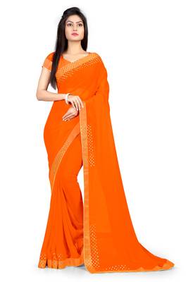 Orange Plain Georgette Saree With Blouse 1