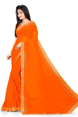Orange Plain Georgette Saree With Blouse 2
