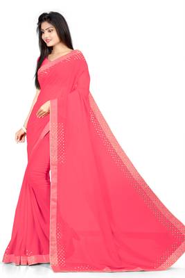 Light Pink Plain Georgette Saree With Blouse 2