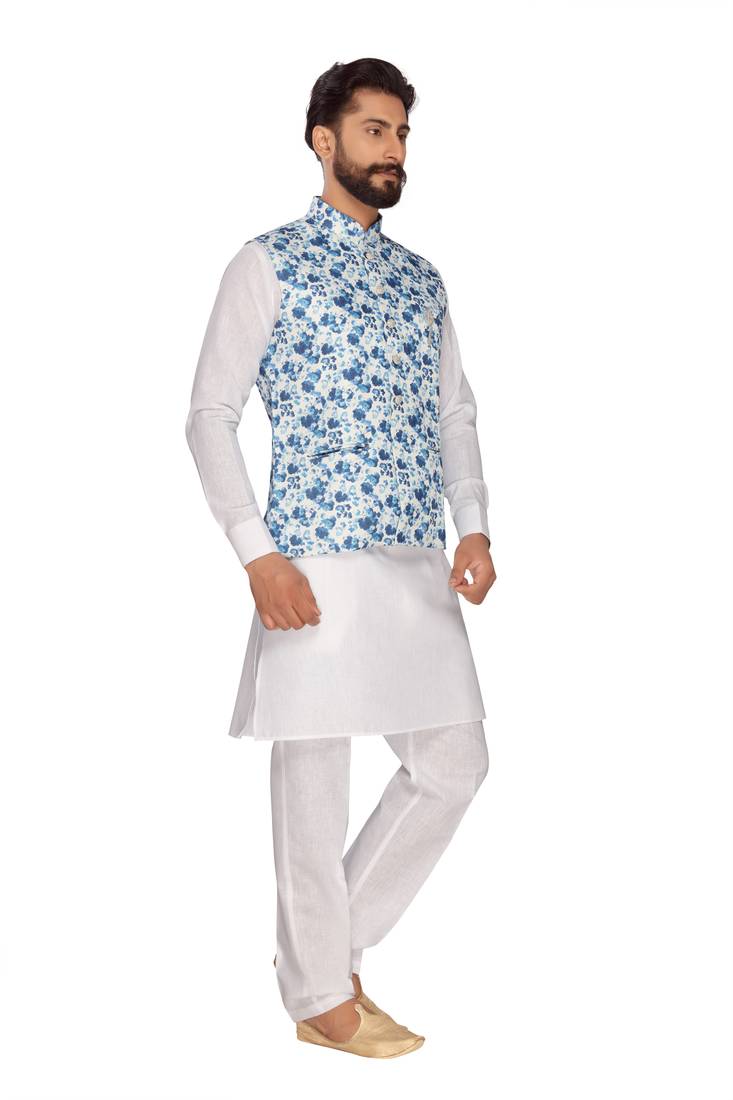 Blue Jute Digital Print Work Nehru Jacket