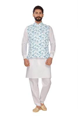 Sky Blue Jute Digital Print Work Nehru Jacket 1