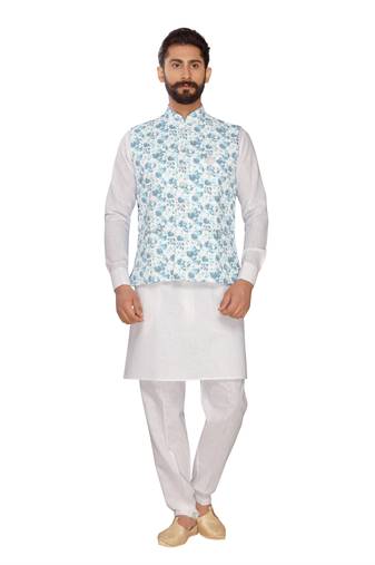 Sky Blue Jute Digital Print Work Nehru Jacket