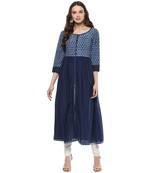 Geroo Jaipur Indigo Hand Block Printed Long Pure Cotton Dress