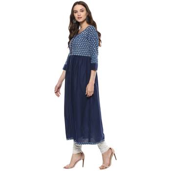   Indigo Hand Block Printed Long Pure Cotton Dress 4