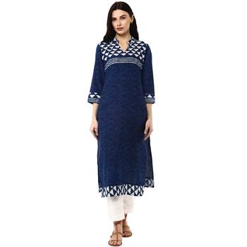   Indigo Hand Block Printed Straight Pure Cotton Kurta 1