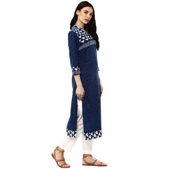   Indigo Hand Block Printed Straight Pure Cotton Kurta 3