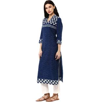   Indigo Hand Block Printed Straight Pure Cotton Kurta 4