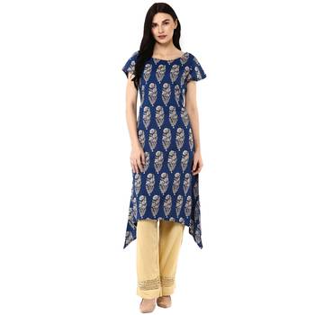 Indigo Hand Block Printed A-Line Pure Cotton Kurta 1