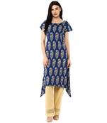 Indigo Hand Block Printed A-Line Pure Cotton Kurta
