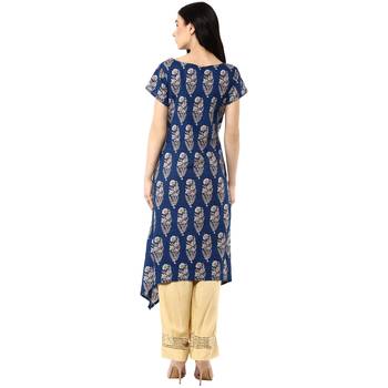 Indigo Hand Block Printed A-Line Pure Cotton Kurta 2