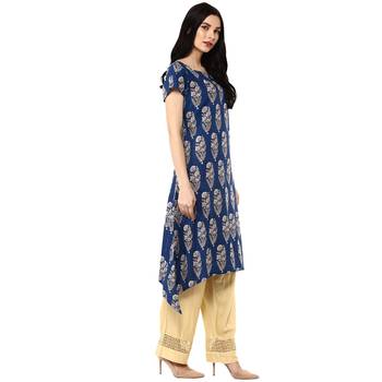 Indigo Hand Block Printed A-Line Pure Cotton Kurta 3