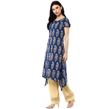 Indigo Hand Block Printed A-Line Pure Cotton Kurta 4