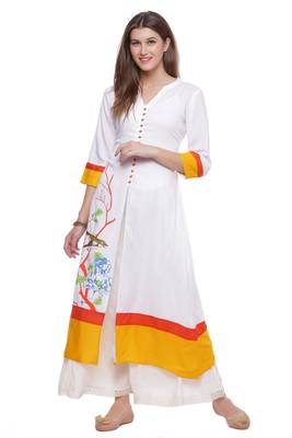 White Printed A-Line Rayon Kurta 1