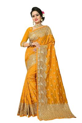 Mustard embroidered art silk saree with blouse 1