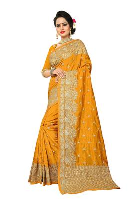 Mustard embroidered art silk saree with blouse 2