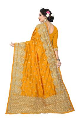 Mustard embroidered art silk saree with blouse 3
