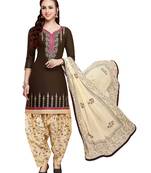 Brown Embroidered Cotton Salwar With Dupatta