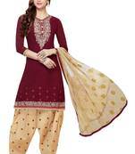Maroon Embroidered Cotton Salwar With Dupatta