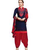Blue Embroidered Cotton Salwar With Dupatta