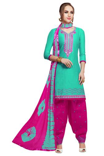 Green Embroidered Cotton Salwar With Dupatta