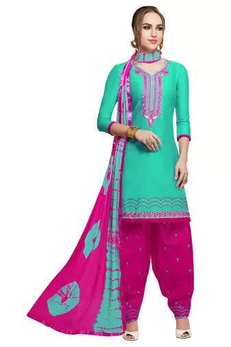 Green Embroidered Cotton Salwar With Dupatta