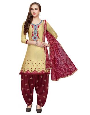 Beige Embroidered Cotton Salwar With Dupatta 1