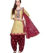 Beige Embroidered Cotton Salwar With Dupatta