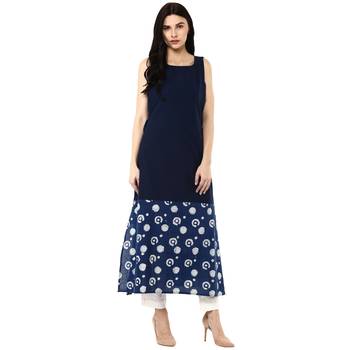   Indigo Hand Block Printed Long Pure Cotton Kurta 1