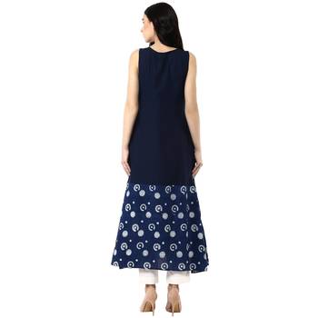   Indigo Hand Block Printed Long Pure Cotton Kurta 2