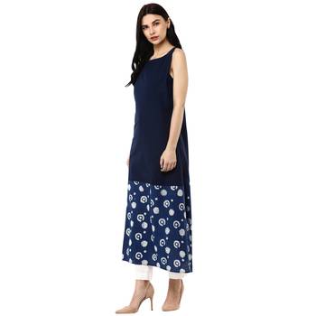   Indigo Hand Block Printed Long Pure Cotton Kurta 4