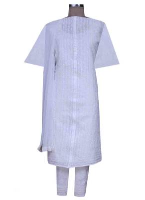 Ada White Embroidered White Unstitched Lucknow Chikankari Full Sleeves Salwar Kameez With Dupatta 1