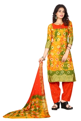 Multicolor bandhej cotton unstitched salwar with dupatta Clearance