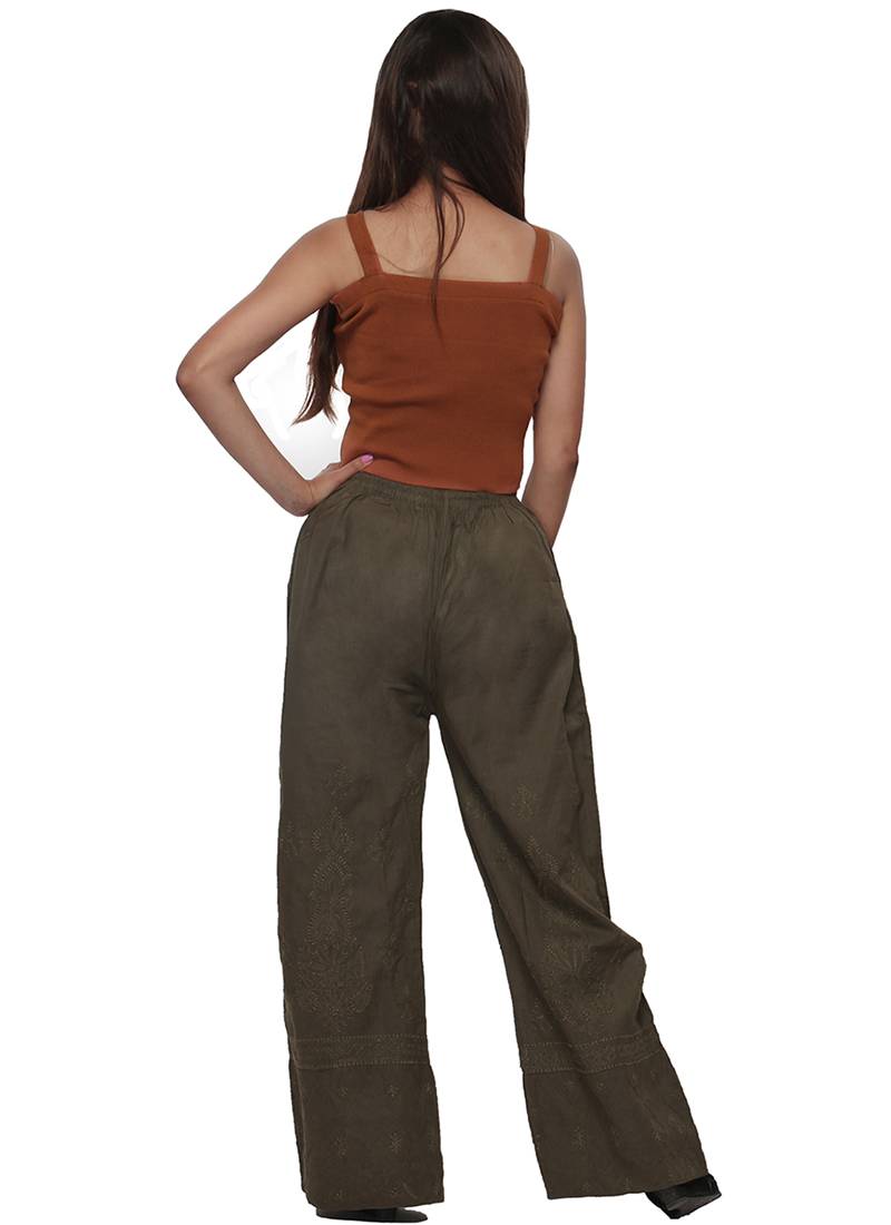 Ada Hand Embroidered Green Cotton Lucknowi Chikankari Palazzo