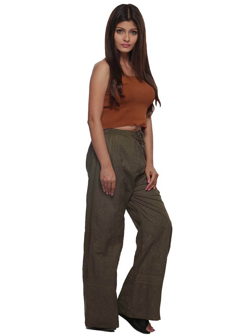 Ada Hand Embroidered Green Cotton Lucknowi Chikankari Palazzo