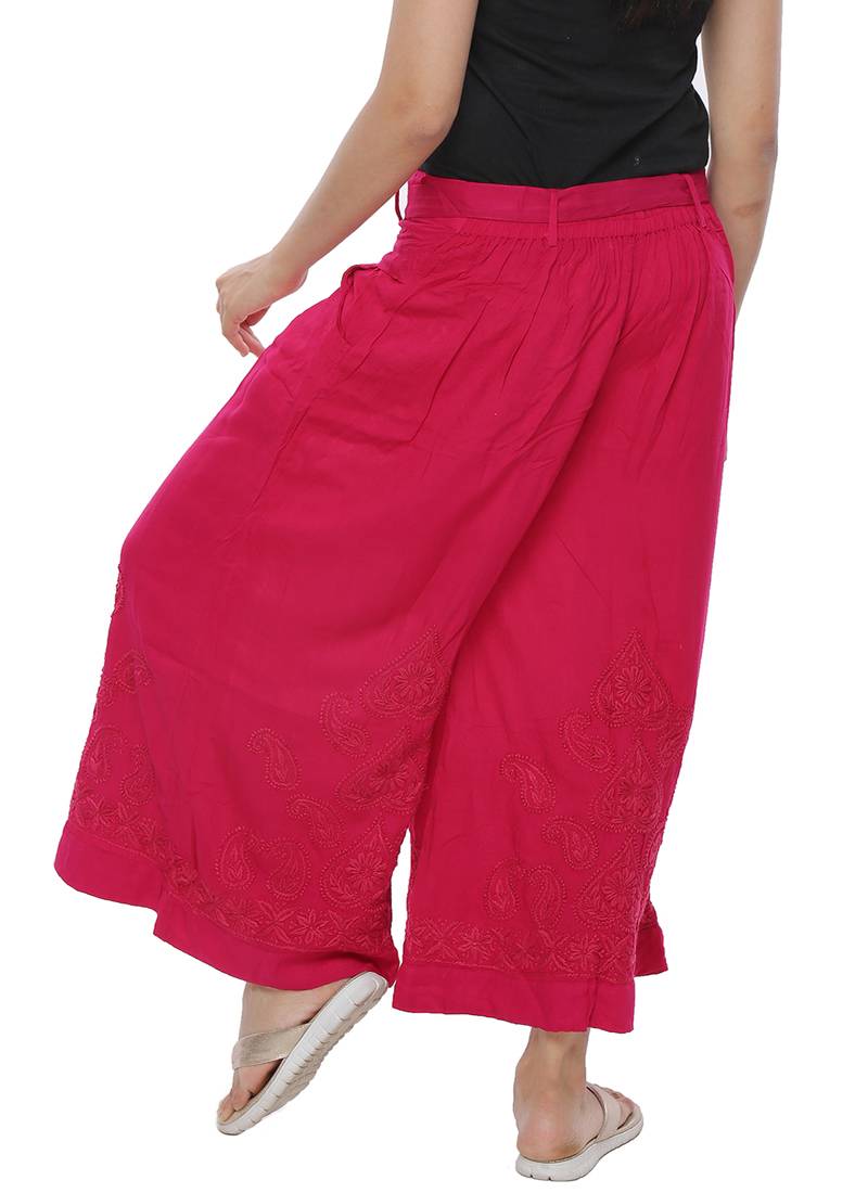 Ada Hand Embroidered Magenta Cotton Lucknow Chikankari Palazzo