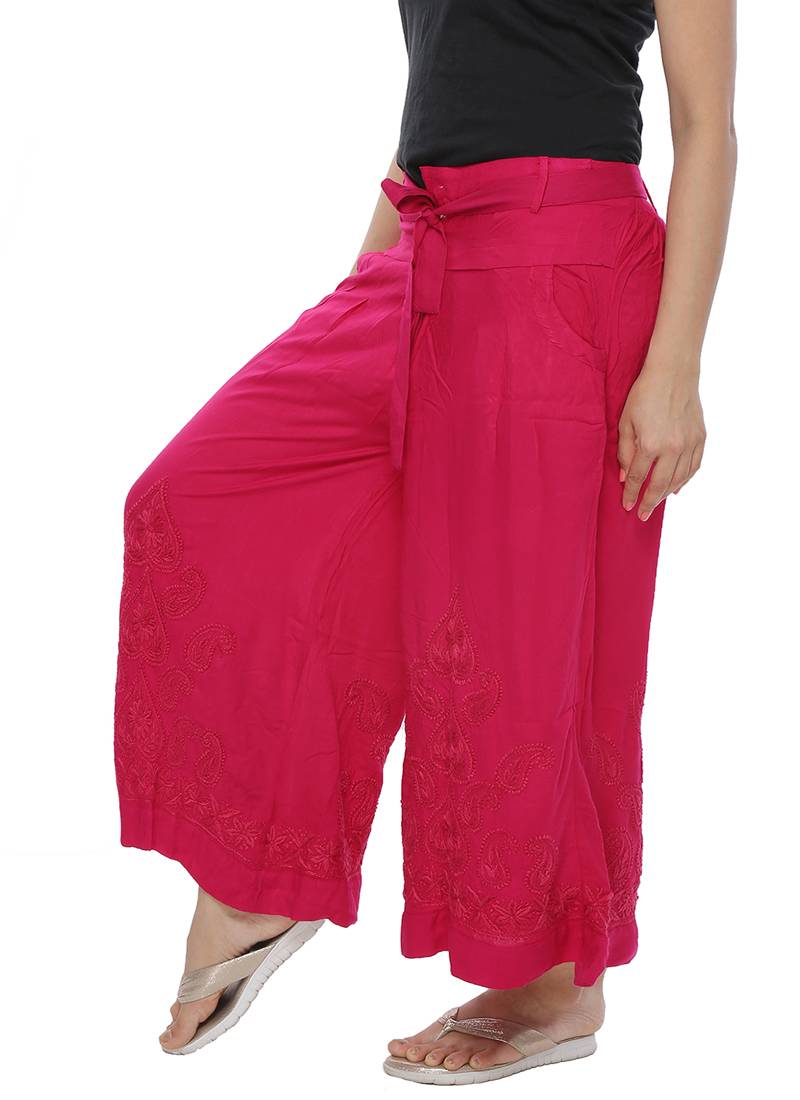 Ada Hand Embroidered Magenta Cotton Lucknow Chikankari Palazzo