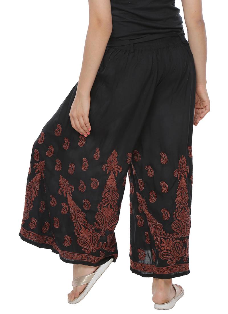 Ada Hand Embroidered Black Cotton Lucknowi Chikankari Palazzo