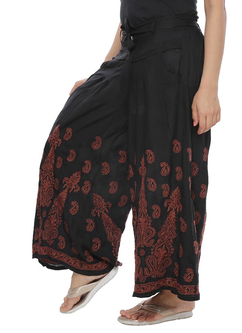 Ada Hand Embroidered Black Cotton Lucknowi Chikankari Palazzo