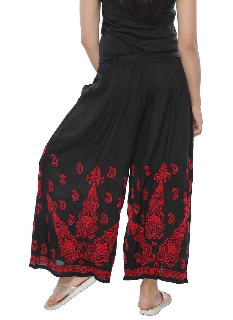 Ada Hand Embroidered Black Cotton Lucknowi Chikankari Palazzo