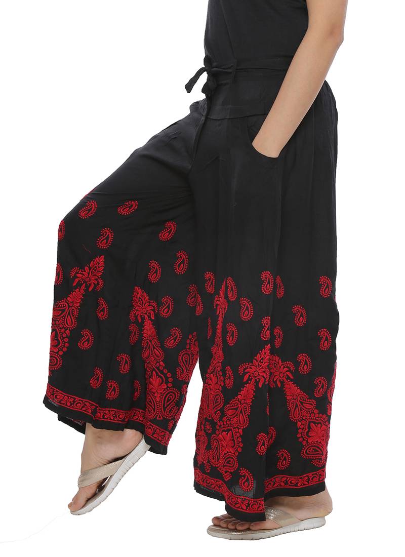 Ada Hand Embroidered Black Cotton Lucknowi Chikankari Palazzo