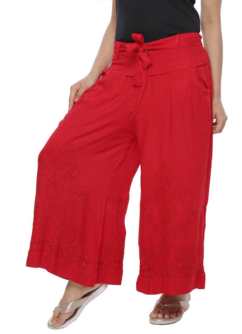 Ada Hand Embroidered Red Cotton Lucknowi Chikankari Palazzo