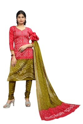 Multicolor bandhej cotton unstitched salwar with dupatta Clearance