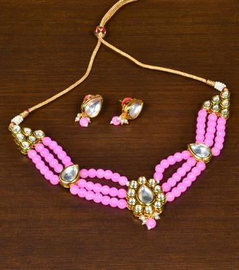 Baby Pink Stone and Kundan Embellished Multi-layered Choker Set for Women 1