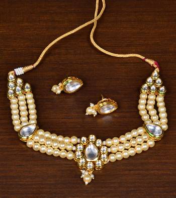 Off-White Pearls and Kundan Embellished Multi-layered Choker Set for Women 1
