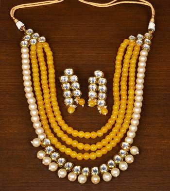 Yellow Colored Pearls, Stone and Kundan Embellished Splendid Designer Multi-layered Necklace Set for Women 1