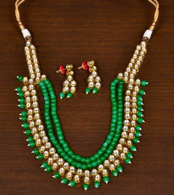 Green Stone and Kundan Embellished Wedding Essential Designer Multi-layered Necklace Set for Women 1