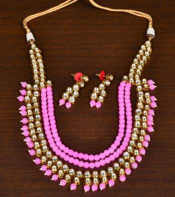 Baby Pink Stone and Kundan Embellished Festive Designer Multi-layered Necklace Set for Women 1