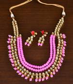 Baby Pink Stone and Kundan Embellished Festive Designer Multi-layered Necklace Set for Women