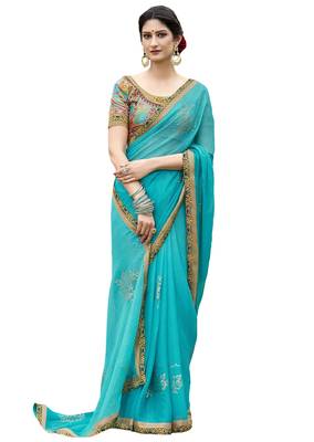 Blue Printed Chiffon Saree With Blouse 1